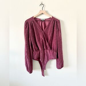 Good Luck Gem Faux Wrap Bodysuit in Maroon Metallic Shimmer Size L